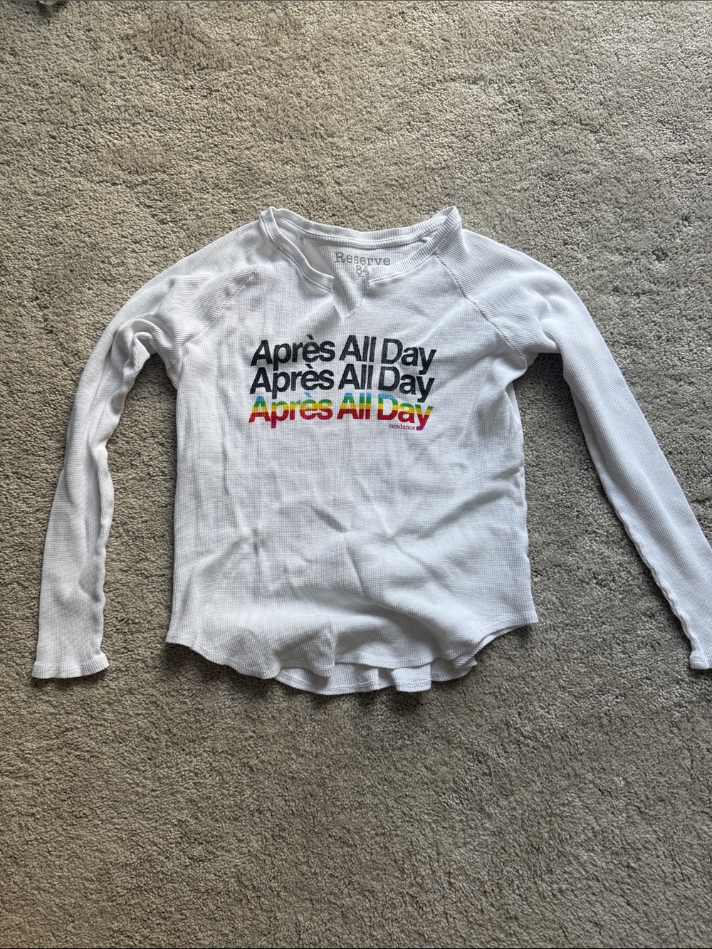 Reserve White Long-Sleeve Waffle Top with Colorful 'Après All Day' Print